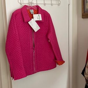 Pink silk jacket with orange lining. Lining is polyester